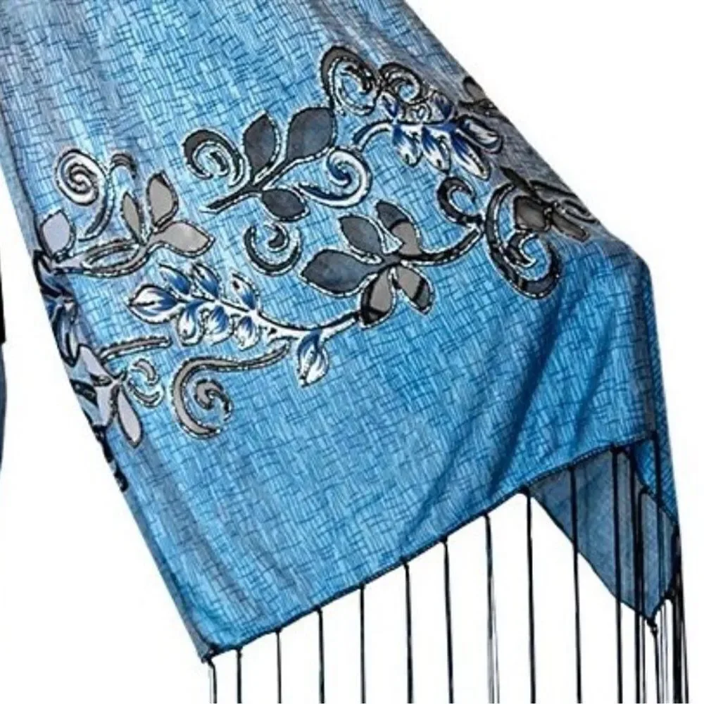 NWT Teal Blue Silver Black Floral Tassel Fringe Accent Shawl - Swimsuit Cover Up